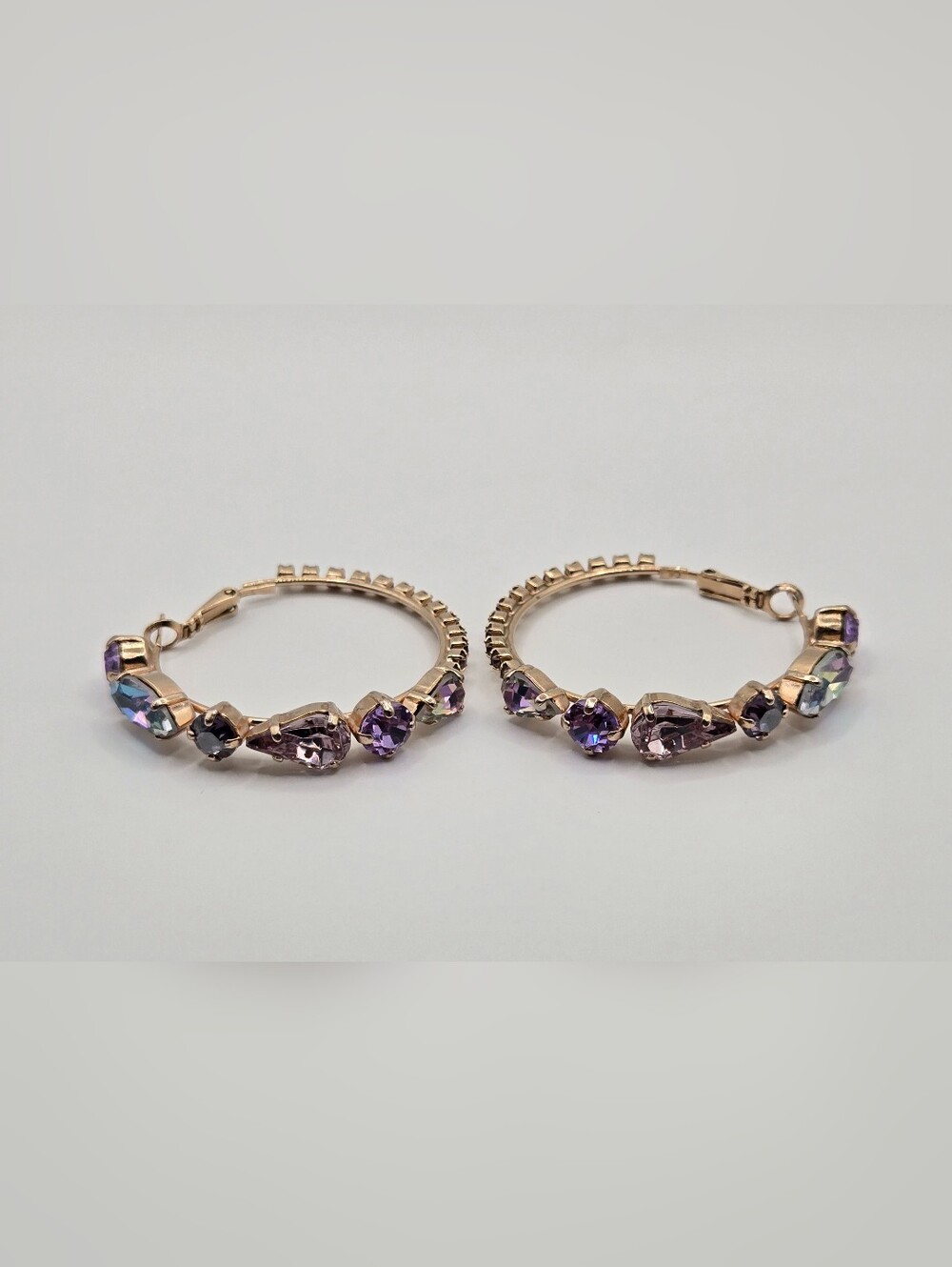 Vintage Gold Tone Crystal Hoop Earrings – Purple & Aurora Borealis Rhinestones